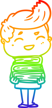 Gökkuşağı gradyan çizgi çizimi bir çizgi film adamı gülerken bir insan tarafından çizilmiş kitapları tutuyor.