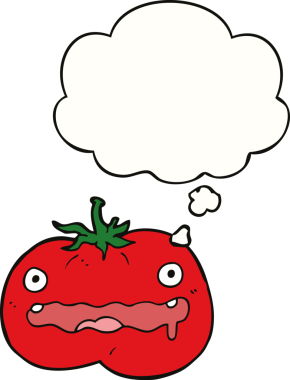 Bir insan tarafından çizilmiş düşünce baloncuklu domates.