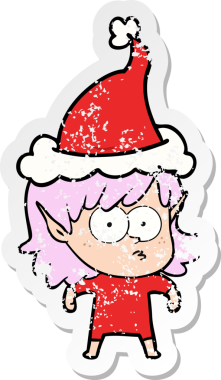 Bir insan tarafından çizilmiş Noel Baba şapkası takan bir elf kızı çizilmiş.