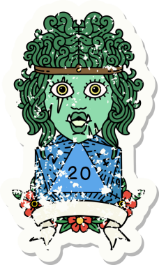 Retro Dövme Biçimi Yarı Ork Barbar Karakteri Bir insan tarafından çizilmiş doğal 20 zar