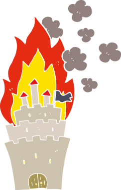 Bir insan tarafından çizilen yanan kalenin düz renk çizimi