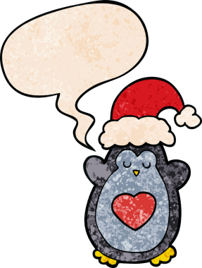 Bir insan tarafından çizilmiş geçmişe dönük konuşma baloncuğu olan sevimli noel pengueni.