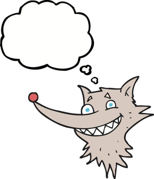 Bir insan tarafından çizilmiş serbest çizilmiş düşünce kabarcığı çizgi filmi sırıtan kurt yüzü.