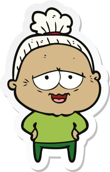 Bir insan tarafından çizilmiş mutlu yaşlı bir kadının çıkartması.