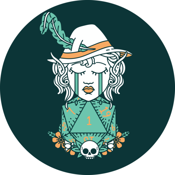 Ağlayan Elf Ozan karakteri ikonu. Bir insan tarafından çizilmiş doğal bir D20 rulosu.