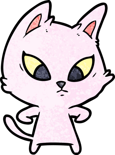 Bir insan tarafından çizilmiş kafası karışmış çizgi film kedisi.