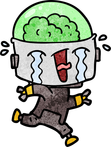 Bir insan tarafından çizilen ağlayan robot çizgi film.