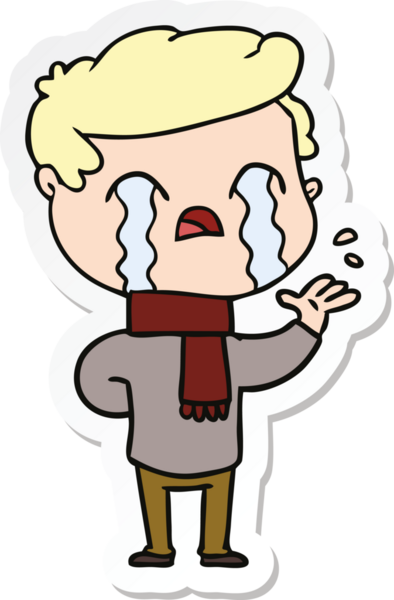 Bir insan tarafından çizilmiş kış eşarbı ile ağlayan bir karikatür adamın çıkartması.