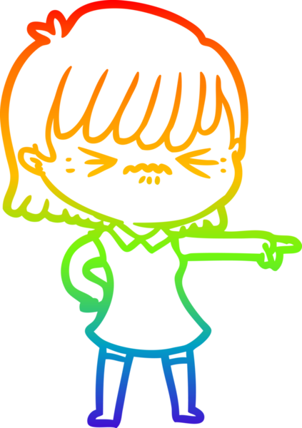 Gökkuşağı gradyan çizimi. Sinirli bir çizgi film kızı bir insan tarafından suçlanıyor.