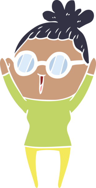 Düz renkli karikatür kadın bir insan tarafından çizilmiş gözlük giyiyor.