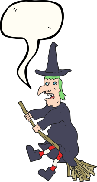 Bir insan tarafından çizilmiş süpürgeyle uçan serbest konuşma balonu çizgi filmi cadısı.