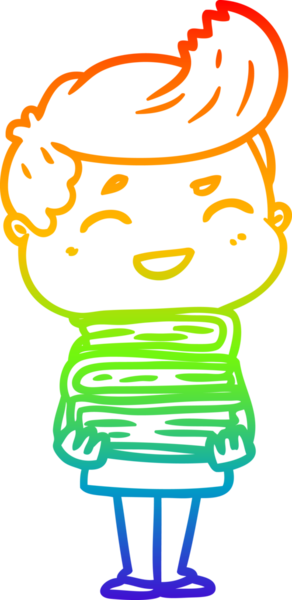 Gökkuşağı gradyan çizgi çizimi bir çizgi film adamı gülerken bir insan tarafından çizilmiş kitapları tutuyor.