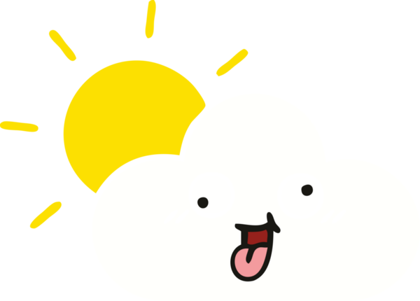 Bir insanın çizdiği düz renkli güneş ve bulut karikatürü