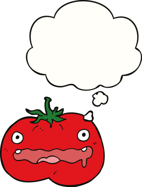 Bir insan tarafından çizilmiş düşünce baloncuklu domates.