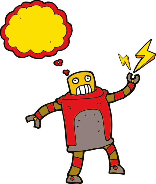 Bir insan tarafından çizilmiş düşünce baloncuklu çizgi film robotu