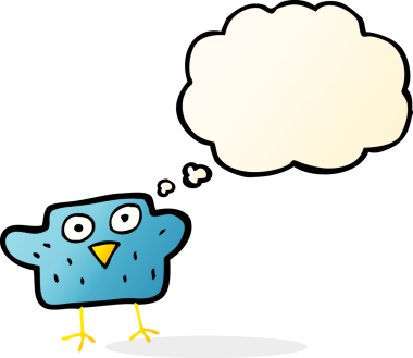 Bir insan tarafından çizilmiş düşünce baloncuklu çizgi film kuşu.