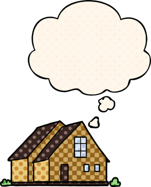 Çizgi roman tarzında bir insan tarafından çizilmiş düşünce baloncuklu karikatür evi.