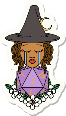 Ağlayan bir insan cadının çıkartması. Bir insan tarafından çizilmiş doğal bir D20 zarlı.