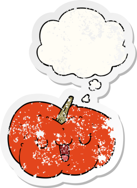 Düşünce baloncuğu olan karikatür balkabağı insan tarafından çizilmiş yıpranmış bir çıkartma.