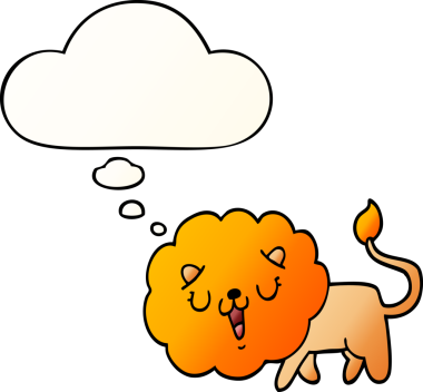 Bir insan tarafından çizilmiş yumuşak eğimli düşünce baloncuğu olan sevimli çizgi film aslanı.