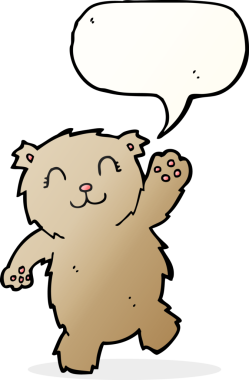 Bir insan tarafından çizilmiş konuşma balonlu oyuncak ayıyı sallayan çizgi film.