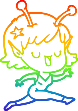 Gökkuşağı gradyan çizgisi mutlu uzaylı kız çizgi filmi bir insan tarafından çizilmiş.