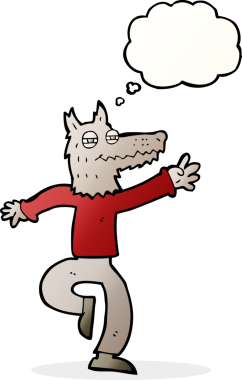 Bir insan tarafından çizilmiş düşünce balonlu mutlu kurt adam çizgi filmi.