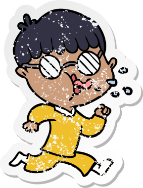 Gözlüklü ve koşan bir insan tarafından çizilmiş bir çizgi film karakterinin sıkıntılı çıkartması.