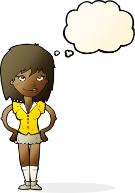 Bir insan tarafından çizilmiş düşünce baloncuğu olan elleri kalçasında çizgi film kadını.