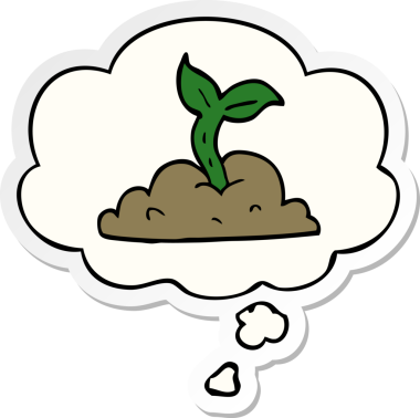 Düşünce baloncuğuyla filizlenen çizgi film bir insan tarafından çizilmiş çıkartma gibi.