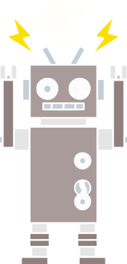 Bir insan tarafından çizilmiş arızalı bir robotun düz renk retro karikatürü