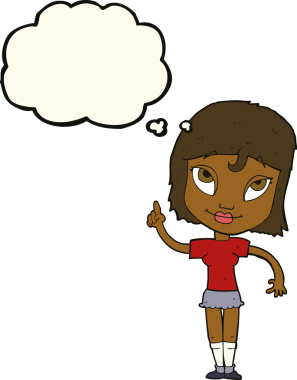 Bir insan tarafından çizilmiş düşünce baloncuğu fikri olan karikatür kadın.