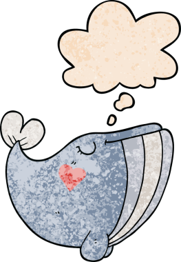 Aşk dolu bir aşk balinası. Düşünce baloncuğu ve bir insan tarafından çizilmiş grunge dokusuyla.