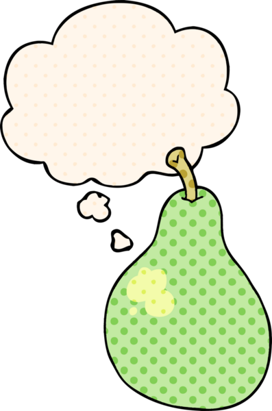 Bir insan tarafından çizilmiş, düşünce baloncuklu çizgi film armudu.