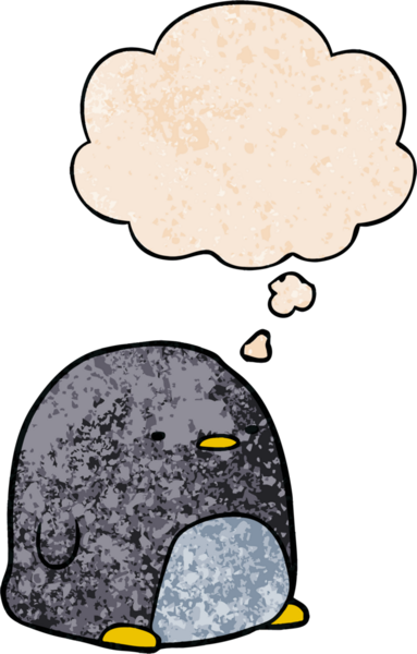 Bir insan tarafından çizilmiş grunge desenli düşünce baloncuklu sevimli penguen.