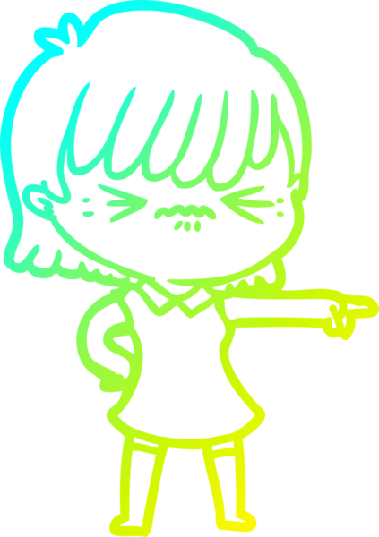 Sinirli bir çizgi film kızının insan tarafından suçlanan soğuk gradyan çizimi.