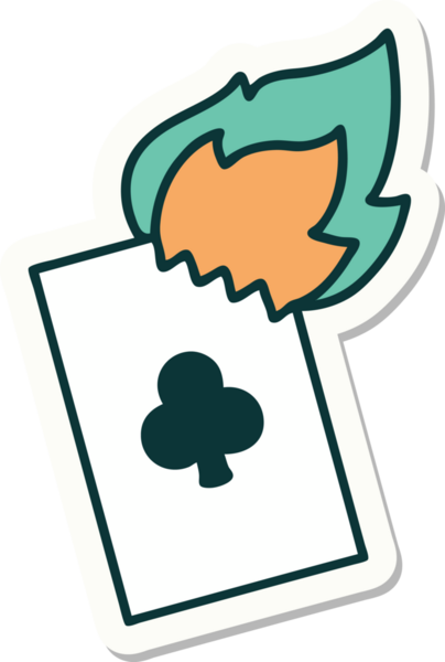 Geleneksel stil dövme çıkartması. Bir insan tarafından çizilmiş alevli kart.