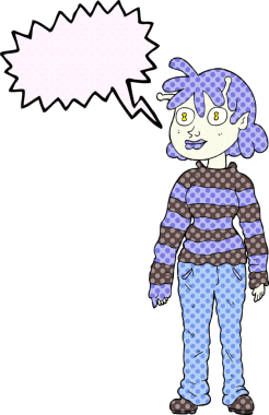 Bir insan tarafından çizilmiş serbest çizilmiş çizgi roman konuşma balonu, sıradan bir uzaylı kız.