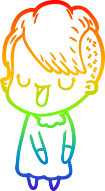 Gökkuşağı gradyan çizimi. Hipster saç kesimi bir insan tarafından çizilmiş şirin bir çizgi film kızı.