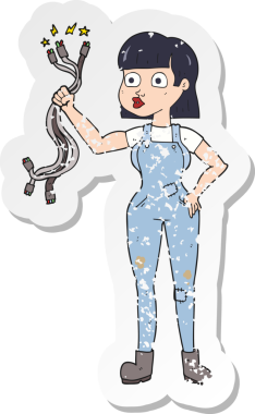 Bir insan tarafından çizilmiş bir kadın elektrikçinin gerilimli çıkartması.