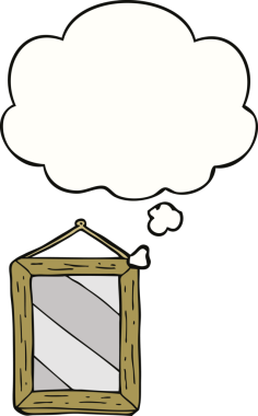 Bir insan tarafından çizilmiş düşünce baloncuklu çizgi film aynası.