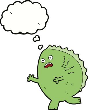 Bir insan tarafından çizilmiş düşünce baloncuklu çizgi film canavarı.