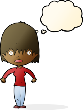 Bir insan tarafından çizilmiş düşünce balonuyla bakan çizgi film kadını.