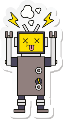 Bir insan tarafından çizilmiş arızalı sevimli bir robot karikatürü çıkartması.