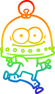 Gökkuşağı gradyan çizgisi mutlu bir karton robot çizimi ve bir insan tarafından çizilmiş ampul.