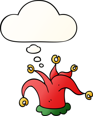 Düşünce baloncuklu çizgi film soytarısı şapkası bir insan tarafından çizilmiş.