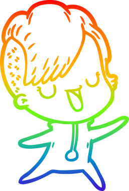 Gökkuşağı gradyan çizimi. Hipster saç kesimi bir insan tarafından çizilmiş şirin bir çizgi film kızı.