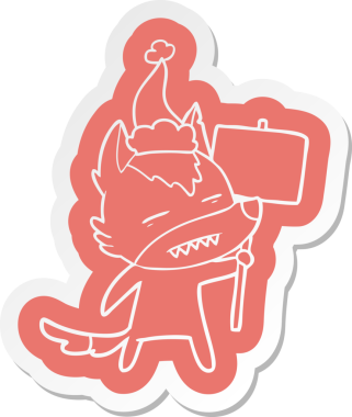 Bir insan tarafından çizilmiş Noel Baba şapkası takan dişleri gösteren bir kurt çıkartması.