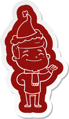 Bir insan tarafından çizilmiş Noel Baba şapkası giyen bir adamın komik çizgi film çıkartması.