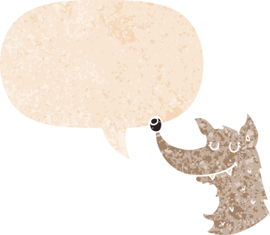 Konuşma baloncuğu olan bir karikatür kurdu, bir insan tarafından çizilmiş, sıkıntılı eski moda bir stil.